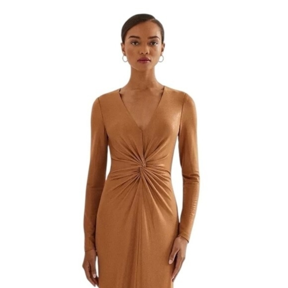 Lauren Ralph Lauren Gold Metallic Jersey Gown Twist Waist Maxi Dress Size 10 NWT - Picture 4 of 10